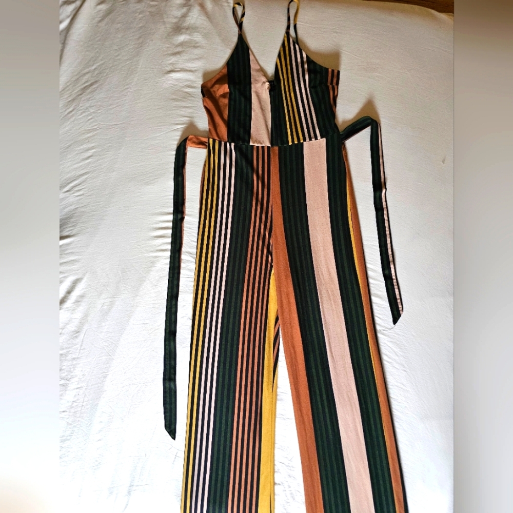Green, tan, and yellow jumpsuit